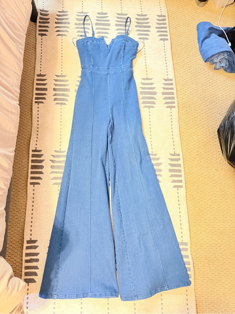Blue Denim Sweetheart Wide-Leg Jumpsuit with Spaghetti Straps